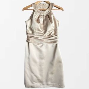 David’s Bridal Dress 8 Champagne Satin Halter Ruched Bust Wedding Guest Formal